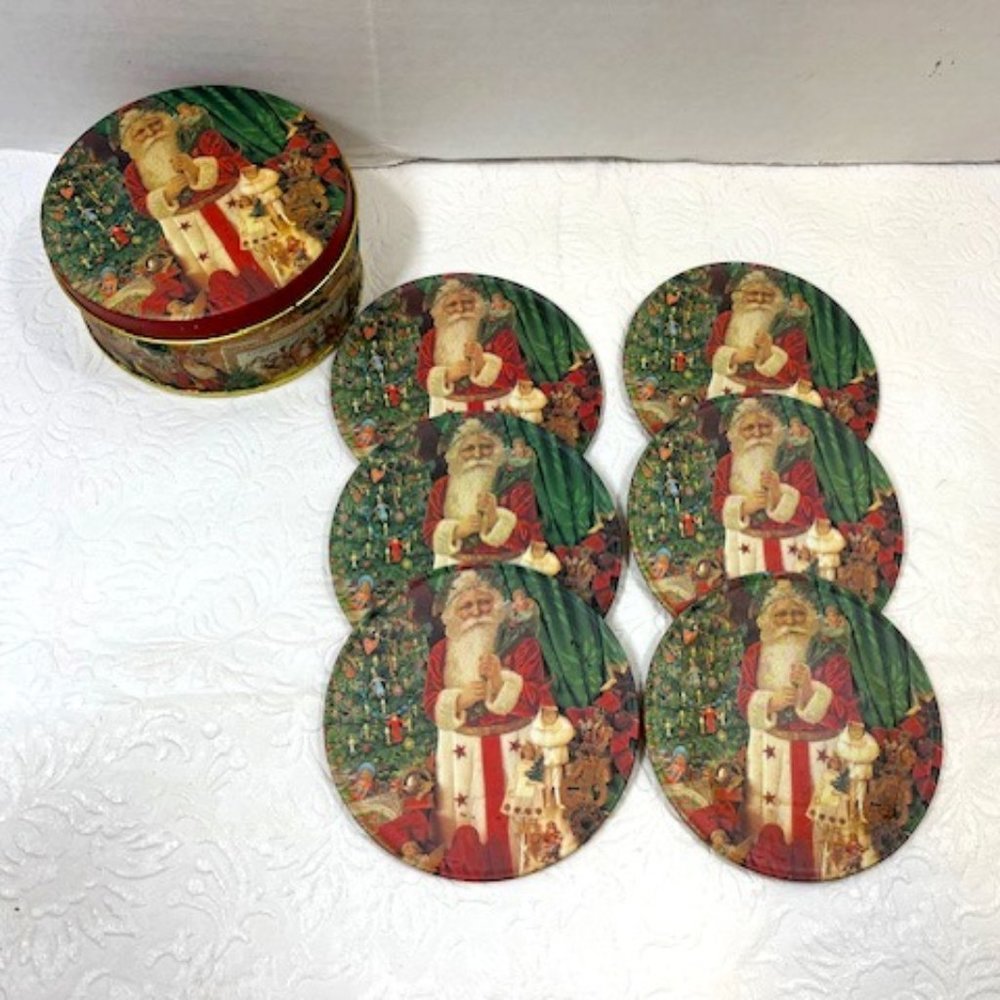 Vintage Style Christmas Metal Tin Coasters Set of 6 Santa Father Christmas 3.5"